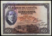 1927. 50 pesetas. (Ed. B115) (Ed. 332). 17 de mayo, Alfonso XIII. Con sello tampón REPÚBLICA ESPAÑOLA en vertical. MBC.