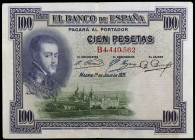 1925. 100 pesetas. (Ed. B127) (Ed. 344). 1 de julio, Felipe II. Serie B. Con sello en seco del Gobierno Provisional. MBC+.