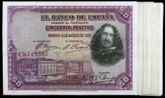1928. 50 pesetas. (Ed. C5) (Ed. 354). 15 de agosto, Velázquez. Lote de 50 billetes, series: B (catorce, se incluye una pareja correlativa, C (veintici...