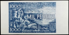 (1950). Generalitat de Catalunya. 1000 pesetas. Prueba de anverso en azul y reverso en verde oscuro. Sin el texto en negro. EBC+.