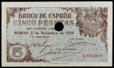 1936. Burgos. 5 pesetas. (Ed. D18na var) (Ed. 417T). 21 de noviembre. Con taladro central de 9 mm de cancelación. Raro. S/C-.