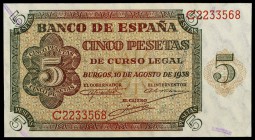 1938. Burgos. 5 pesetas. (Ed. D36a) (Ed. 435a). 10 de agosto. Serie C. S/C-.