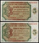 1938. Burgos. 5 pesetas. (Ed. D36a) (Ed. 435a). 10 de agosto. Pareja correlativa, serie L. S/C-.