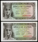 1943. 5 pesetas. (Ed. D47a) (Ed. 446a). 13 de febrero, Isabel la Católica. Lote de 2 billetes, series F y G. MBC+/EBC+.