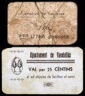 Vandellòs. 25 céntimos y 1 peseta. (T. 3119 y 3124). 2 cartones. Raros. BC-/BC+.