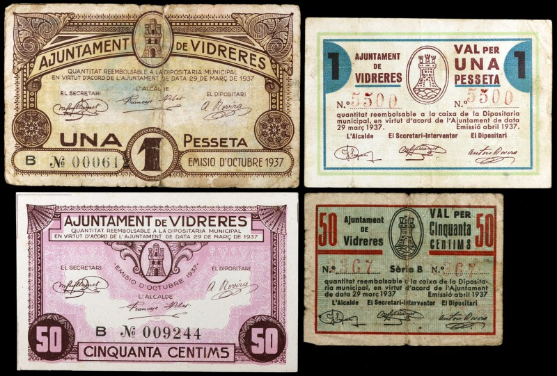 Vidreres. 25, 50 céntimos (dos) y 1 peseta (tres). (T. 3159, 3160, 3161a, 3162 y...