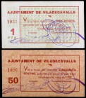 Viladecavalls. 50 céntimos y 1 peseta. (T. 3203a y 3204a). 2 cartones, todos los de la localidad. Escasos y más así. EBC/EBC+.