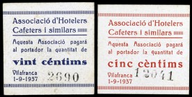 Vilafranca del Penedès. Associació d'Hostelers Cafeters. 5 y 20 céntimos. (AL. 2379 y 2380). 2 cartones, serie completa. Escasos. EBC-.