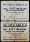 Vilanova de Sau. 1 peseta (dos). (T. 3297 y 3297a). 2 cartones, única emisión de la localidad. Raros. BC/BC+.