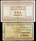 Viloví d'Onyar. 50 céntimos y 1 peseta. (T. 3366 y 3367). 2 billetes, todos los de la localidad. Raros. BC/MBC-.