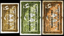 Vimbodí. 25, 50 céntimos y 1 peseta. (T. 3368 a 3370). 3 billetes, todos los de la localidad. Escasos. BC/MBC.