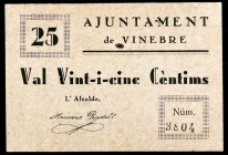 Vinebre. 25 céntimos. (T. 3376c). Cartón. Raro. EBC.