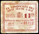 Callosa de Segura (Alicante). El Sindicato del Arte textil. 1 peseta. (KG. 213) (T. 468). Escaso. BC+.
