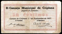 Criptana (Ciudad Real). 50 céntimos. (KG. 297a). Ex Colección Ramón de Santillán 17/11/2010, nº 807. Escaso. MBC-.