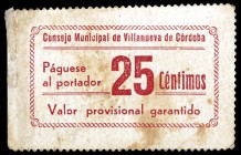 Villanueva de Córdoba (Córdoba). 25 céntimos. (KG. 805). Cartón. Tenues manchitas. Raro. EBC-.