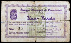 Castelserás (Teruel). 1 peseta. (KG. 260) (T. 148). Nº 20. Roto y pegado en la época. Raro. BC.