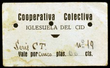Iglesuela del Cid (Teruel). Cooperativa Obrera. 5 pesetas. (KG. 418) (RGH. 2940, no ha podido localizarlo). Cartón nº 19. Tres perforaciones de época....