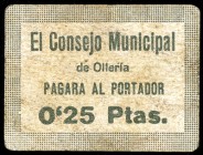 Ollería (Valencia). 0,25 pesetas. (KG. falta) (T. 1038). Cartón. Muy raro. MBC.