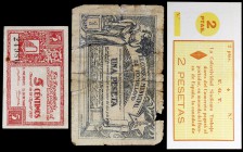 Lote de 3 billetes de la Guerra Civil: Graus 5 céntimos, Guadix 2 pesetas y Tomelloso 1 peseta. A examinar. BC-/EBC+.