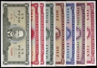 1961 a 1988. Cuba. 1, 3 (dos), 5, 10, 20, 50 y 100 pesos. Lote de 8 billetes de distintos valores y fechas. Escasos. EBC+/S/C.