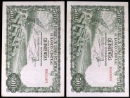 1969. Guinea Ecuatorial. Santa Isabel. 500 pesetas. (Pick 2). 12 de octubre. Lote de 2 billetes fabricados en la FNMT. EBC-.