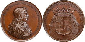 1658 Dampville, Viceroy of America Medal. Betts-39. Copper. MS-64 BN (PCGS).
50.9 mm. 819.1 grains. Plain edge. Choice chocolate brown with reflectiv...