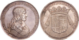 "1658" (1860-1879) Dampville, Viceroy of America Medal. Betts-39. Silver. MS-62 (PCGS).
51.0 mm. 827.8 grains. Edge marked (bee) ARGENT, designating ...