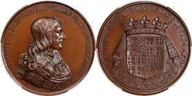 "1658" (1860-1879) Dampville, Viceroy of America Medal. Betts-39. Bronze. MS-64 BN (PCGS).
51.5 mm. 865.6 grains. Edge marked (bee) CUIVRE, designati...
