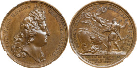1674 French Colony at Martinique Preserved Medal. Betts-48. Bronze. MS-64 BN (NGC).
41.1. mm. 441.2 grains. Plain edge. A particularly choice example...