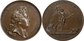 1677 Dutch Fleet Burned and French Colony at Tobago Preserved Medal. Betts-52. Bronze. MS-64 BN (PCGS).
41.5 mm. 535.7 grains. Plain edge. Lovely glo...