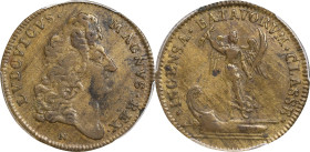 1677 Dutch Fleet Burned and French Colony at Tobago Preserved Jeton. Betts-57. Brass. VF-30 (PCGS).
26 mm. 70.9 grains. The Small Letters variety (as...