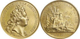 1690 Quebec Preserved Medal. Betts-68. Gilt Bronze. MS-61 (PCGS).
41.4 mm. 580.6 grains. Plain edge. A very impressive looking example of this elusiv...