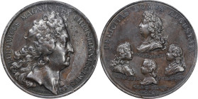 1693 Louis XIV Felicitas Domus Augustae Medal. Betts-75C. Copper. AU Details--Rim Damage (PCGS).
41.2 mm. 366.2 grains. Glossy and smooth chocolate b...