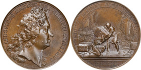 1695 The Enemy's Indic Riches Intercepted Medal. Betts-Unlisted, Divo-262. Bronze. Specimen-64 BN (PCGS).
41.2 mm. 518.8 grains. Another example of t...