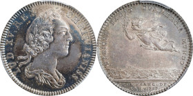 "1752" (1880-1898) Franco-American Jeton. Mercury Over The Seas. Betts-386, Breton-512. Silver. MS-62 (PCGS).
28.9 mm. 143.8 grains. Medal turn. Edge...