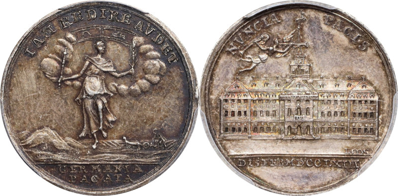 1763 Treaty of Hubertusberg Medal. Betts-447. Silver. AU-58 (PCGS).
22.3 mm. 41...