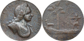 Undated (ca. 1714-1760) George I/II Indian Trade Medal. Betts-165 (for types), Jamieson-2, Quarcoopome II-D. Copper or Brass. Fine.
39.3 mm. 274.3 gr...