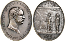 "1881" (ca. 1950) Chester A. Arthur Indian Peace Medal. Silver. Oval. Failor-Hayden 630, Julian IP-45 (for type), Prucha-56 (for type). Mint State.
7...