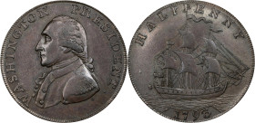 1793/2 Washington Ship Halfpenny. Musante GW-20, Baker-18, W-10855. Copper. Lettered Edge. AU-58 (PCGS).
29.8 mm. 160.9 grains. Soft gold and rose un...