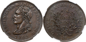 "1783" (ca. 1820) Washington Unity States Cent. Musante GW-104, Baker-1, W-10130. MS-62 BN (PCGS).
28.0 mm. Attractive mahogany brown with nice, glos...