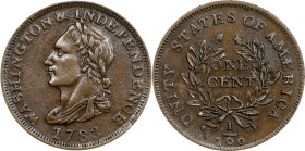 "1783" (ca. 1820) Washington Unity States Cent. Musante GW-104, Baker-1, W-10130. AU-58 (PCGS).
28.0 mm. 117.2 grains. A second example of this popul...