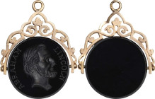 Undated (ca. 1865) Abraham Lincoln Mourning Fob. Carnelian and Gold. Nearly As Made.
35.3 mm x 27.3 mm overall; carnelian spinner 22.0 mm in diameter...