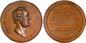 1871 Abraham Lincoln Emancipation Proclamation Medal. Cunningham 7-060Bz, King-232, Julian CM-16. Bronze. MS-65 (PCGS).
45 mm. Pleasing light brown b...