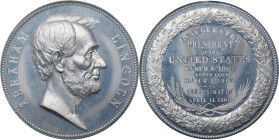 1865 Abraham Lincoln Presidential Medal. Cunningham 22-240A, King-518, Julian PR-12. Aluminum. MS-64 (PCGS).
77 mm. A bright, minimally toned specime...