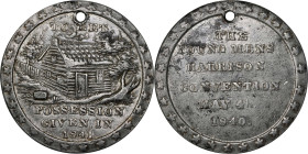 1840 William Henry Harrison Campaign Medal. DeWitt-WHH 1840-1. White Metal. Choice Very Fine.
43.8 mm. Pierced for suspension, as with others seen. A...