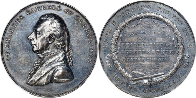 1826 Charles Carroll of Carrollton Medal. Julian PE-6. Silver. AU-55 (PCGS).
50...
