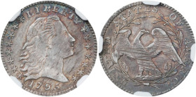 1795 Flowing Hair Half Dime. LM-8, V-5. Rarity-3. Unc Details--Cleaned (NGC).
Really a lovely coin, far superior to what one might expect given the a...