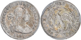 1797 Draped Bust Half Dime. LM-3, V-3. Rarity-5. 16 Stars. EF-40 (PCGS).
A pleasing example with gently mottled olive-russet patina to a base of anti...