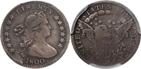 1800 Draped Bust Half Dime. LM-3, V-2. Rarity-4. LIBEKTY. VF-20 (PCGS).
Logan-McCloskey 3 is one of two die marriages for the popular LIBEKTY Guide B...
