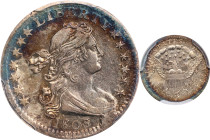 1803 Draped Bust Half Dime. LM-1, V-3. Rarity-6. Small 8. AU Details--Repaired (PCGS).
Vivid peripheral toning in cobalt blue and rose-russet enhance...